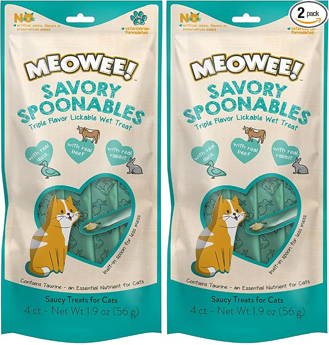MEOWEE! Savory Spoonables with Real Duck, Beef and Rabbit for Cats, 4 Count, Treat Your Cat to Triple Flavor Squeezable Lickable Wet Treats with Built-in Spoon for Less Mess (Pack of 2)