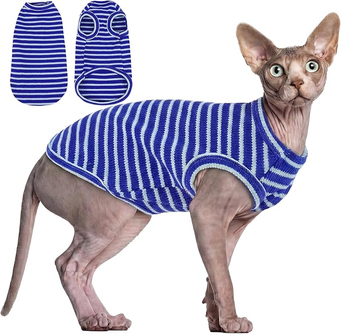 BRKURLEG Knit Cat Shirt, Sleeveless Pet Vest for Sphynx Cats and Small Dogs, Soft Pullover Spring Summer Apparel, Breathable T-Shirts with Round Collar (Blue Stripes, L)