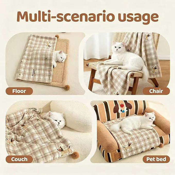 Jiupety Cat Blanket for Indoor Cats Washable Calming Cozy Pet Blankets Cat Grid Blanket with 2 PCS Fluffy Fur Balls Kitten Puppy Blanket for Bed Couch Chair,Brown