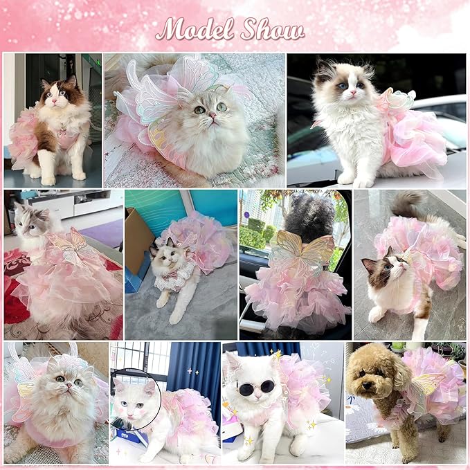BAMY Butterfly Wings Dog Dress Summer Pet Wedding Skirt Lace Princess Tutu Cute Party Cat Outfit for Small Medium Dogs (Pink, M (Chest 17.7inch/ 45cm))