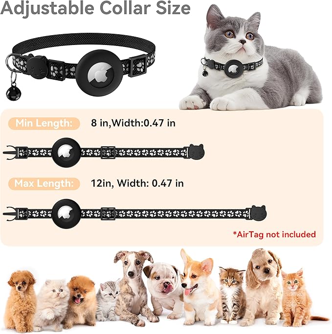 Meliya Airtag Cat Collar Breakaway with Bell, Adjustable Reflective Pet Kitten Collar with Apple Air Tag Holder Case for Girl Boy Cats (Footprints Black)