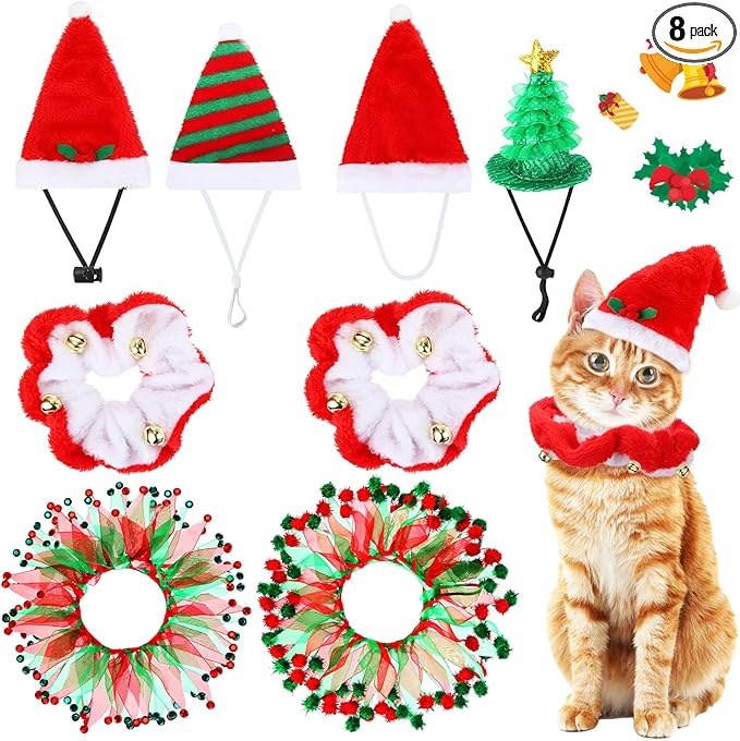 Abbylike 8 Pcs Cat Christmas Costume Suit Tutu Collar and Green Shiny Hat Outfit Santa Christmas Cat Collar with Bell Hat and Collar Kitten Outfit Clothing for Puppy Dog Gift