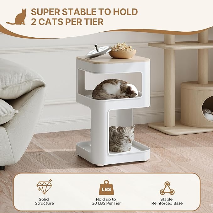 EUREKA ERGONOMIC Side Table Cat Beds, Square End Table with Cat House, Metal Nightstand with 3 Tier Storage, Modern Side Table End Beside Table for Living Room Bedroom Indoor, Easy Assembly, White