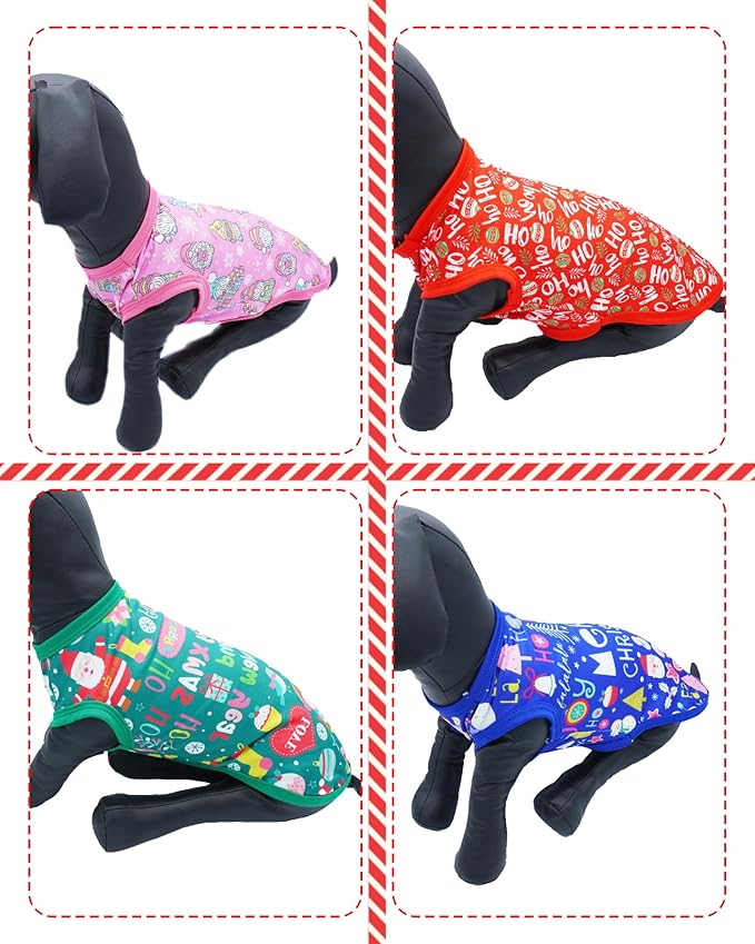 PET SHOW 4 Pack Christmas Dog Shirts for Small Doggies Tank Top Tee Red Green Xmas Santa Gnome T-Shirts Pets Holiday Party Sleeveless Vest Cats Kittens Puppy Clothes Boys Girls(Small)