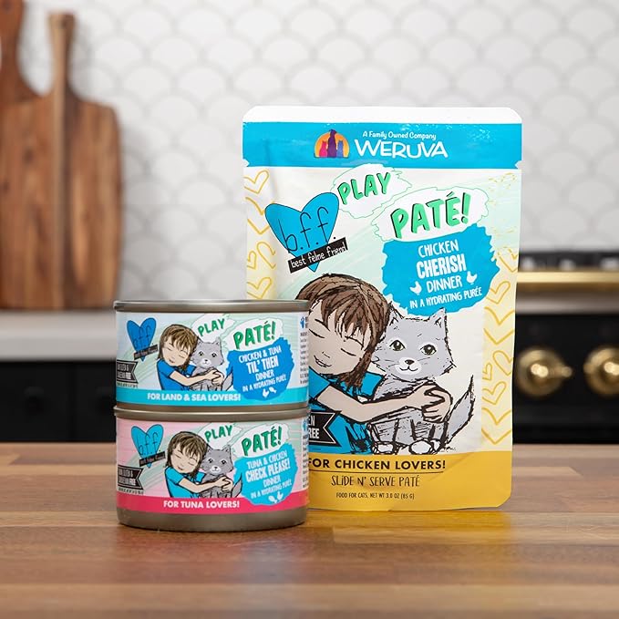 Weruva B.F.F. Play - Best Feline Friend Paté Lovers, Aw Yeah!, Chicken & Tuna Til' Then with Chicken & Tuna, 2.8oz Can (Pack of 12)