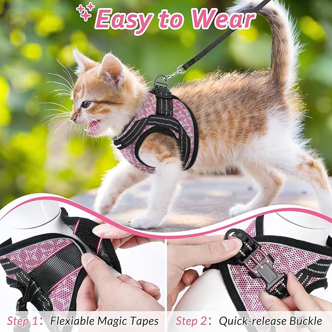 CatRomance Cat Harness and Leash Escape Proof for Walking, Safe Adjustable Large Kitten Vest Set with Reflective Strip for Kitty, Easy Control Comfortable Soft Outdoor Pet Harnesses, Pink, Large