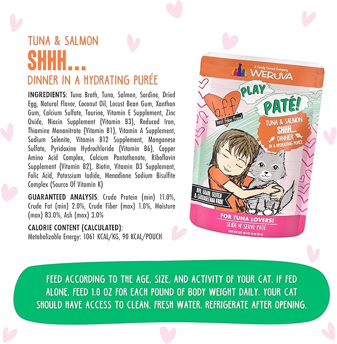 Weruva B.F.F. Play - Best Feline Friend Paté Lovers, Aw Yeah!, Tuna & Salmon Shhh... with Tuna & Salmon, 3oz Pouch (Pack of 12)