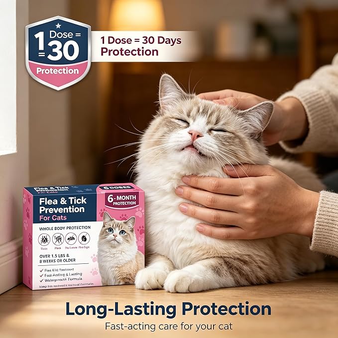 Cat Dewormer Topical Flea & Tick for Cats & Kittens, Monthly for Cats Over 1.5 lbs & 8 Weeks or Older, 6 Doses Supply Fast-Acting & Long-Lasting Waterproof Drops