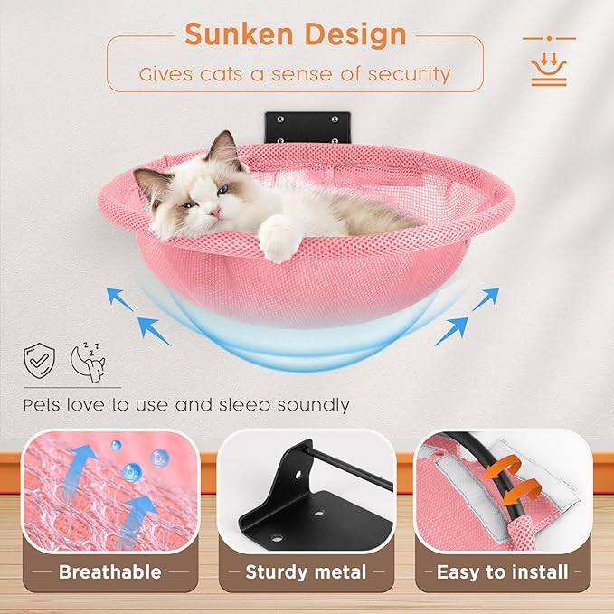 JUNSPOW Cat Hammock Wall Mounted, Foldable & Stable Cat Beds- Breathable Cat Wall Shelves for Sleeping, Playing, Climbing, and Lounging - Maximum Hold Up to 30lb (Pink)