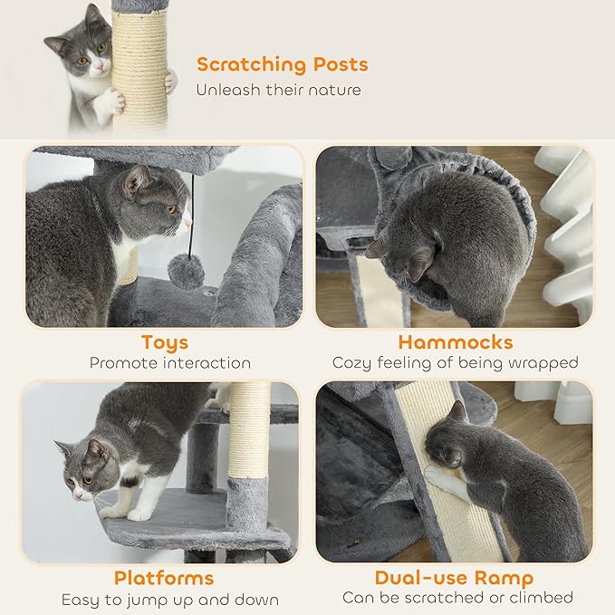 PawHut Flower Cat Tree, 69" Large Cat Tower for Indoor Kittens with 2 Spacious Condos, Sisal Scratching Posts, 2 Hanging Balls, Perches, Ramp, Bed, Dark Gray