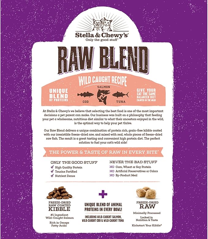 Stella & Chewy's Raw Blend Premium Kibble Cat Food – Grain Free, Protein Rich Meals – Wild-Caught Fish Recipe – 5 lb. Bag (Pack of 2)