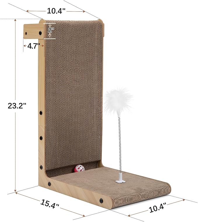 COZIWOW L-Shape Cat Scratcher Lounge, Corrugated Cardboard Scratching Pad for Indoor Cats, Durable Cat Furniture with Spring Toy (Walnut)