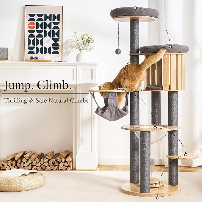 797Audio Wood Modern Cat Tree, 61.5" Cat Tower with Sisal Scratching Posts, Cat Condo, Capsule, Hamnock and Spinner Toy,Solid Wooden Aesthetic Multi-Level Cat Climbing Tree for Adult Indoor Cats-Gray