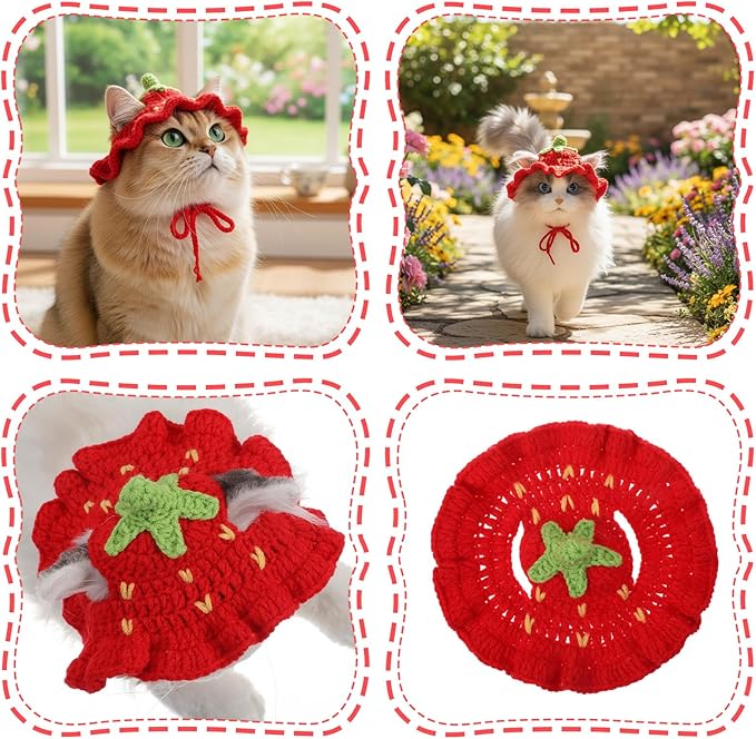 Strawberry Cat Hat Soft Polyester Cartoon Design Knit Cute Dog Hat Rabbit Hats Halloween Christmas Party Costume Head Wear Accessories for Puppy Cat Kitten Small Dogs Small Animals Pets Red (M)