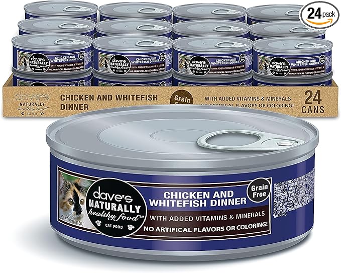 Dave's Pet Food Grain Free Wet Cat Food (Chicken & Whitefish), Made in Canada Naturally Healthy Canned Cat Food, 5.5 oz Cans (24 Pack)