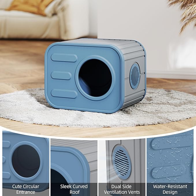 LHBcraft Outdoor Cat House Weatherproof, Feral Cat Houses for Outdoor Indoor Cats, Insulated Resin Shelter with Camera-Shaped Design, Easy to Assemble Blue