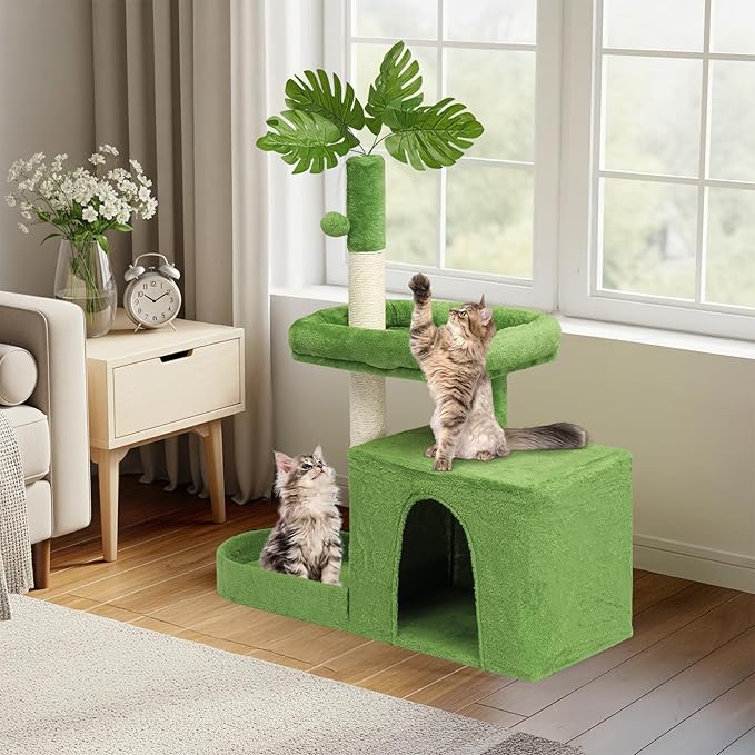 VINGLI Cat Tree, Cat Tower with Leaves, Cat Condo for Indoor Kittens, Cats Activity Center with Cozy Hammock, Sisal Scratching Posts, Green (40" H)