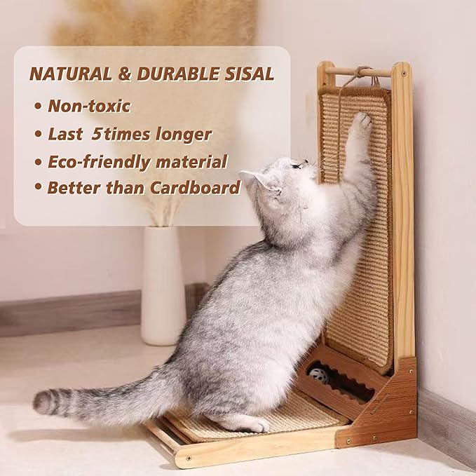 Cat Scratcher, 23.6in Sisal Scratching Pad, L Shape Scratch Pad Wall Mounted with Ball Toy for Indoor Cats, Durable Natural Sisal Cat Scratch Furniture Protector