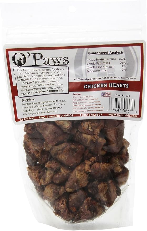 Omas Pride Opaws Freeze Dried Raw Whole Chicken Heart Treats For Dogs/Cats, 4-Ounce