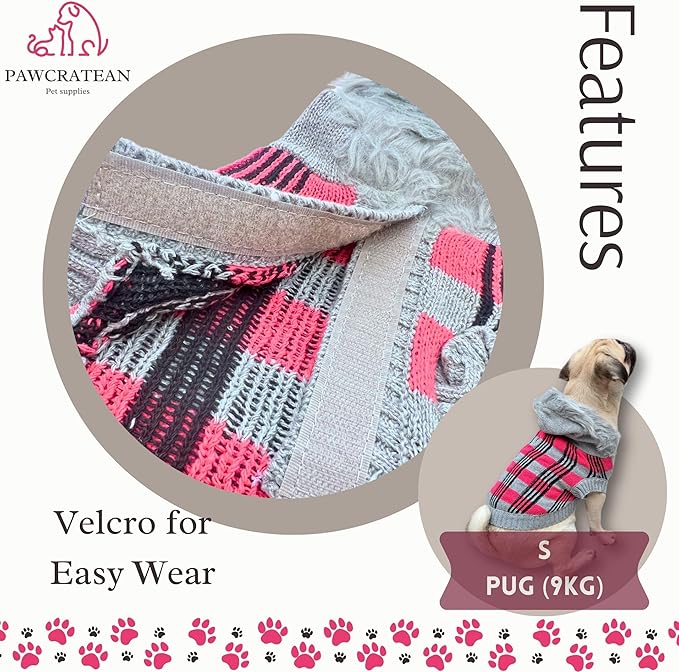 Cute Sweater for Dogs and Cats Soft Flannel Pet Outfit Warm and Cozy Animal Hoodie Small to Large Pet Clothes for Halloween Parties and Everyday Wear (Small, Pink Checkered with Hat)