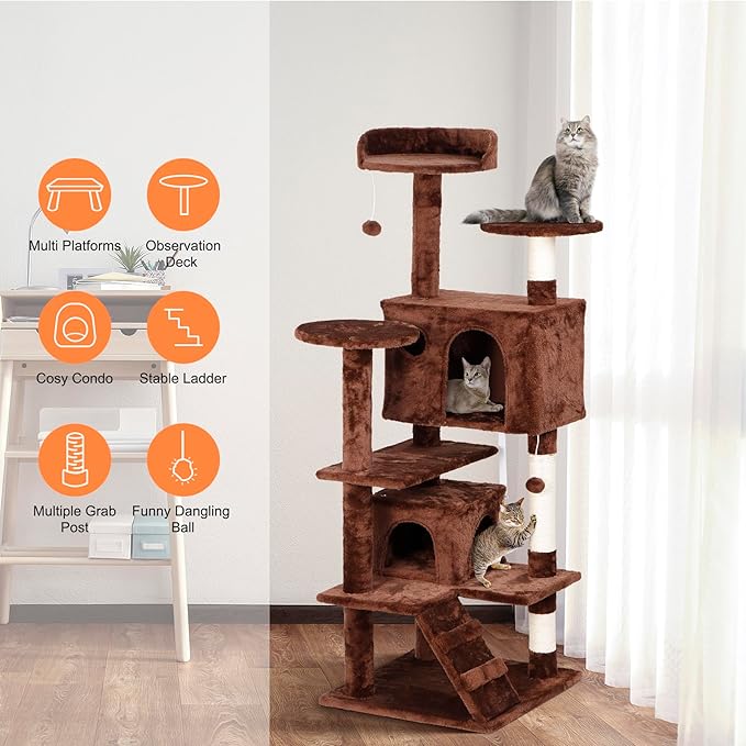 52” Multi-Level Cat Tree Condo Furniture Kitten Activity Play House Bed Pet Kitty Climbing Tower with Scratching Posts/Plush Perch/Scratcher Ladder/Tunnel for Cats,Kittens,Pets (Brown)