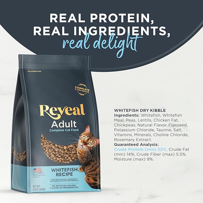 Reveal Natural Adult Dry Cat Food, High Protein, Grain Free with Added Vitamins & Minerals, Complete & Balanced Nutrition for Cats, Whitefish Recipe (3 Pound Bag) (Pack of 2)