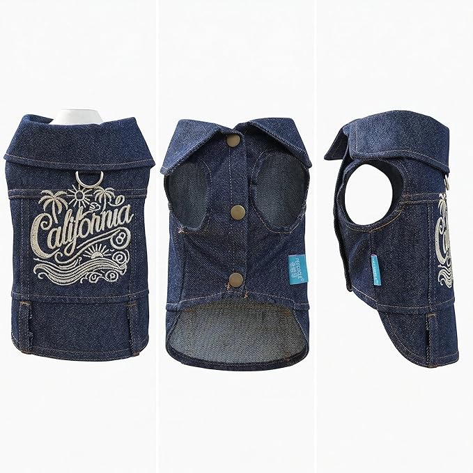 Dog Denim Vest with D-Ring, California Embroidered Jean Jacket for Small & Medium Dogs, Snap Button Puppy Clothes for Walking & Photos(XL)