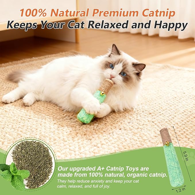 3 Pack Catnip Toys for Cats, Funny Kicker Cat Toys with Dental Rope & Jingle Bell, 100% Organic Catnip Catnip Toys, Bite-Resistant Chew Toy for Kitten Teething, Indoor Cat Toys