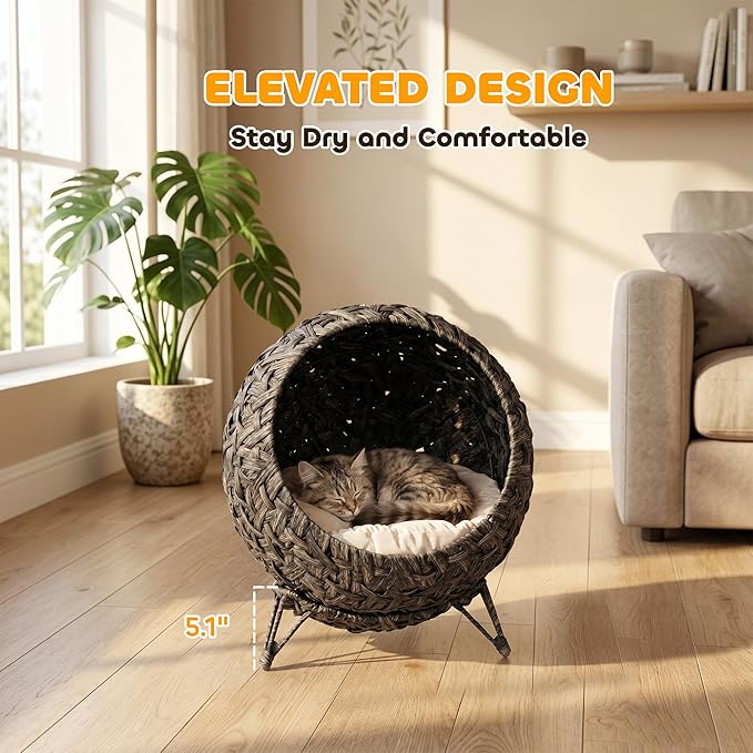 PawHut Rattan Cat Bed, Elevated Handwoven Cat Basket Bed with Soft Cushion and Metal Base, Indoor Kitty Furniture, Breathable, for Kittens, Gray