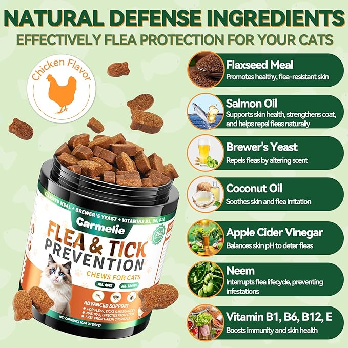 Flea and Tick Treatment for Cats - 200 Chews Flea and Tick Prevention for Cat Chewables - Flea Treatment for Cats All Breeds & Ages - Natural Cat Fleas and Ticks Defense - Chicken Flavor