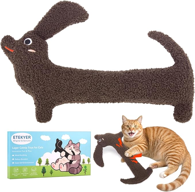 ETEKYER Refillable Catnip Toys, 13.77 Inches Cat Toys for Indoor Cats with Crinkle, Safe Teeth Cleaning Cat Kicker Toys, Interactive Plush Kitten Nip Chew Toys and All Breeds (Brown)