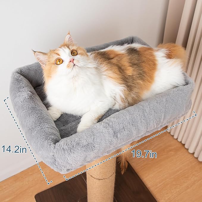 Cat Scratching Post, Retro-Style Tall Cat Scratcher Tower with Removable Gray Fluffy Cusion Perch, Natural Pine & Sisal Cat Scratcher for Indoor Cats, Large