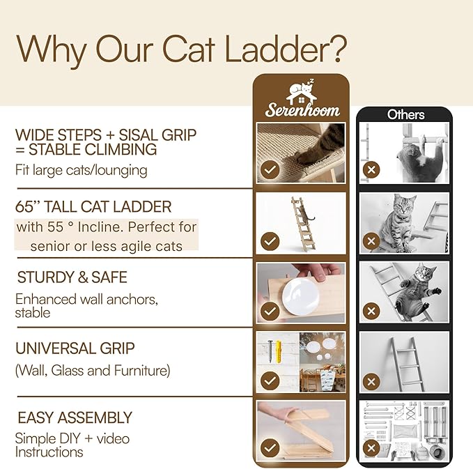 65" Tall 6-Level Cat Ladder for Window & wall | Fits Cats up to 20 lbs |Senior & Less Agile cat Stairs for Window with 55° Gentle Incline | Requires 31" Floor Clearance | No-Drill Glass Installation