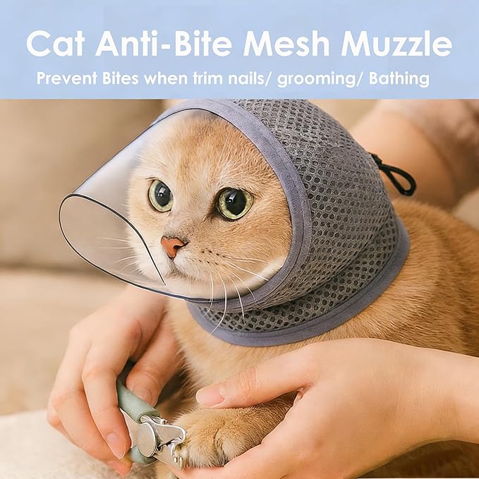Cat Muzzle for Grooming, Breathable Mesh Cat Head Cover with Soft TPU Beak to Prevent Biting, Stress-Free Nail Trimming & Bathing for Kittens & Cats, M