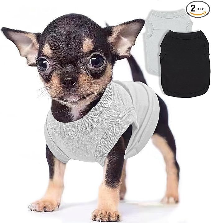 2-Pack Dog Shirts Summer Dog Clothes for Small Medium Dogs Boy, Teacup, Chihuahua, Yorkie, Pug and Cats, Solid Color Pet Tshirts Puppy Clothes, XS, Black+ Grey
