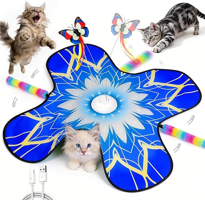 Interactive Cat Toys for Indoor Cats, 3-in-1 Hide and Seek Cat Toy with Fluttering Butterfly & Moving Concealed Feathers, 3 Prey Sounds, Rechargeable Auto Play Mat for Bored Adult Cats/Kittens (Blue)