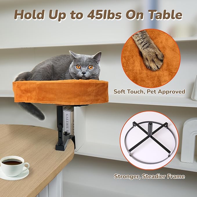 [Ready to Gift] PURRHOUSE Up to 45LBS Capacity Cat Desk Bed - 360° Rotating & Adjustable Shelf, Pet Perch for Desks with Washable Cushion, Desk Cat Bed Attachment for Various Tables (Brown)