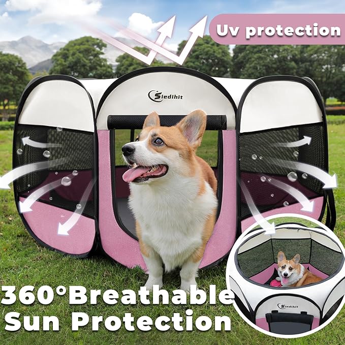 Siedihit Pink Puppy Playpen for Middle Dog Cat, Dog Tent Crates Cage Indoor/Outdoor, Portable Pop Up Dog Kennel with Carrying Bag for Rabbits, (Pink, Medium)