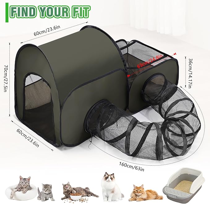 Portable Cat Playpen with Surround Tunnel, 2-Linked-Enclosed Areas, Ideal Cat Tent Outdoor or Cat Playpen for Indoor Cats Enclosed.Breathable Mesh Design for Indoor & Outdoor Use(Green)