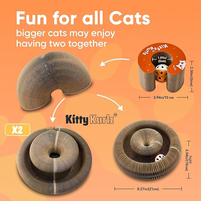 KITTY KURLZ Interactive Cat Toy & Cardboard Cat Scratcher, Collapsible Ball Track with Bell, Reversible Scratch Ring for Play, Chase and Lounge