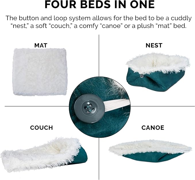 Furhaven Self-Warming Cat Bed for Indoor Cats, 4-Beds-in-1 & Washable - Plush Long Faux Fur Convertible Cuddler - Spruce, Small