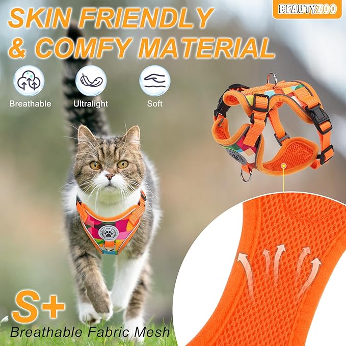 BEAUTYZOO Cat Harness and Leash for Walking, Escape Proof Soft Adjustable Vest Harnesses for Medium Large Cats, Easy Control Breathable Reflective Strips Jacket, Orange, M