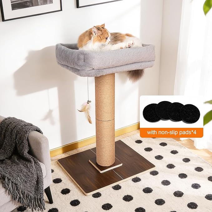 Cat Scratching Post, Retro-Style Tall Cat Scratcher Tower with Removable Gray Fluffy Cusion Perch, Natural Pine & Sisal Cat Scratcher for Indoor Cats, Large