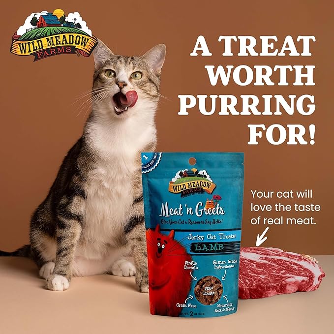 Cat Treats - Meat 'N Greets - Soft Jerky Treats with Real Meat, High Protein, Grain-Free, Perfect for Training & Rewarding, All Natural Snacks for Cats - Lamb Flavor