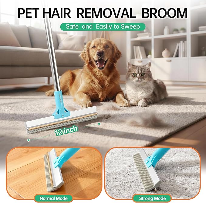 Carpet Rake for Pet Hair Removal Tool, 2 in 1 TPU and Copper Rake Teeth Uproot Clean Hair Remover with 63’’ Adjustable Long Handle,Reusable Cat & Dog Fur Broom for Carpets,Rugs, Mats