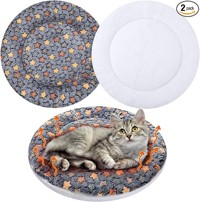 VitalCozy 2 Pack Self Heating Cat Pad Self Heating Cat Bed Machine Washable Heat Pet Mat Reversible Body Thermal Warm Round Dog Bed Crate Blanket for Feral and Indoor Cats(16'',Star)