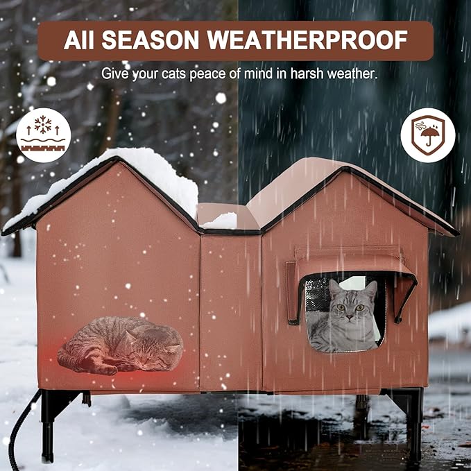 Heated Outdoor Cat House Weatherproof for Winter - Extra Large Heated Cat House for Outside Waterproof, Elevated Base, Escape Door, Insulated Outdoor Cat Shelter for Multiple Cats Feral Stray Kitty