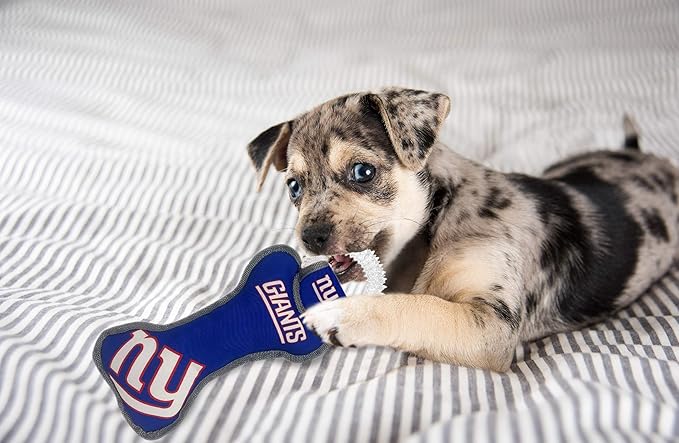 Pets First NFL New York Giants Dental Dog TUG Toy with Squeaker. Tough PET Toy for Healthy Fun, Teething & Cleaning Pet's Teeth & Gum., Team Color, one Size (NYG-3310)