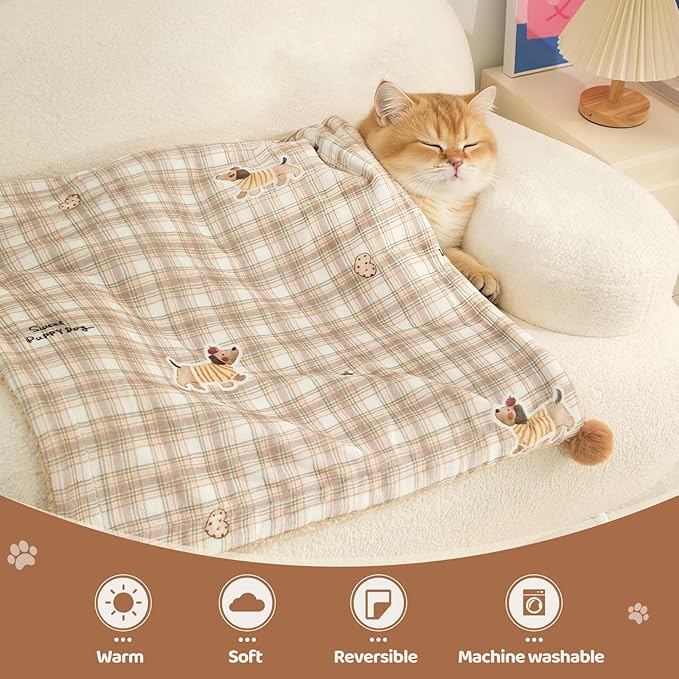 Jiupety Washable Dog Blankets for Small Dogs and Cats, Calming Cozy Pet Grid Blanket with 2 PCS Fluffy Fur Balls, 100% Microfiber Plush Sherpa Fleece, for Bed Couch Chair, Brown