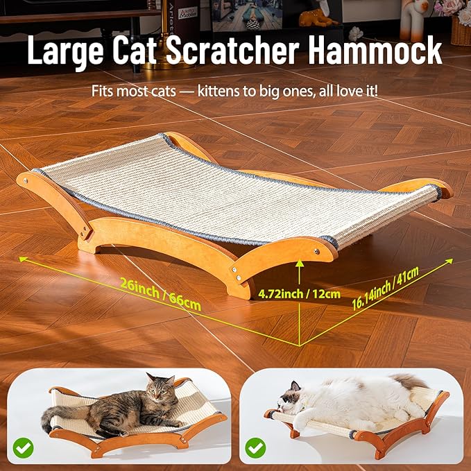 JUNSPOW Sisal Cat Scratcher Bed for Indoor Large Cats Lounger & Sleep, Natural Durable Cat Scratching Hammock Pad Board, Solid Wooden Kitten Chair Furniture Easy Assembly